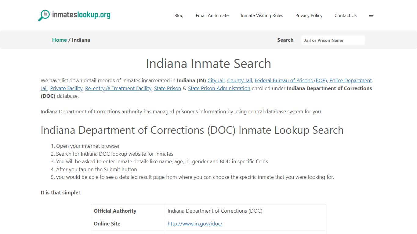 Indiana Inmate Lookup & Search - Indiana Department of Corrections (DOC ...